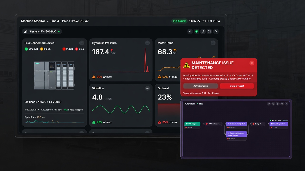 Industrial machine monitoring with real-time sensor data, n8n automation flows and maintenance alerts for connected factory equipment