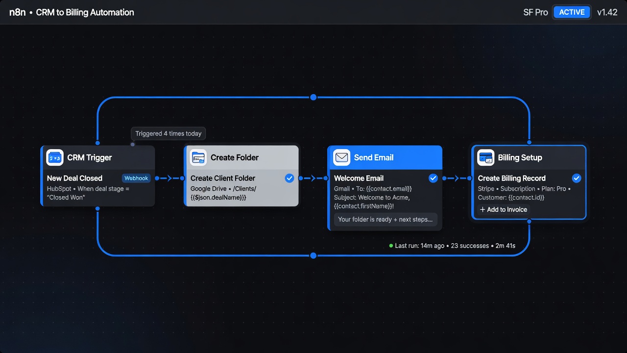 Modern dark UI visualization of n8n automation workflow with connected nodes for CRM, folders, emails and billing